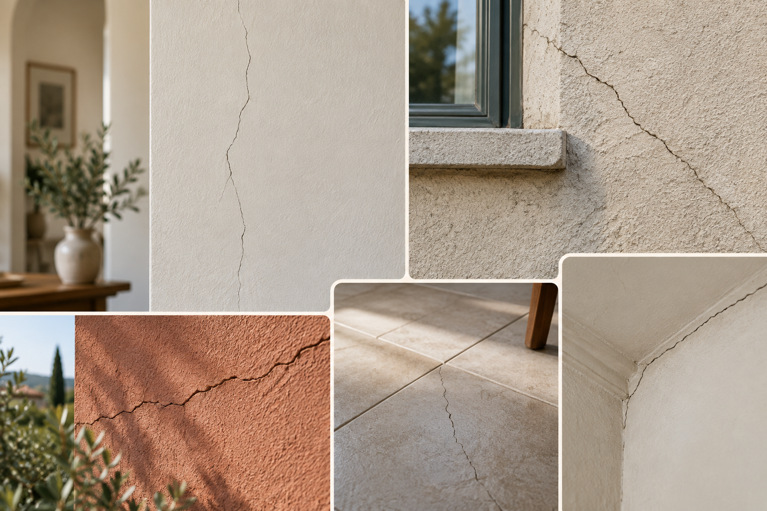 Collage fotografico di diverse crepe su intonaco, muratura e pavimento